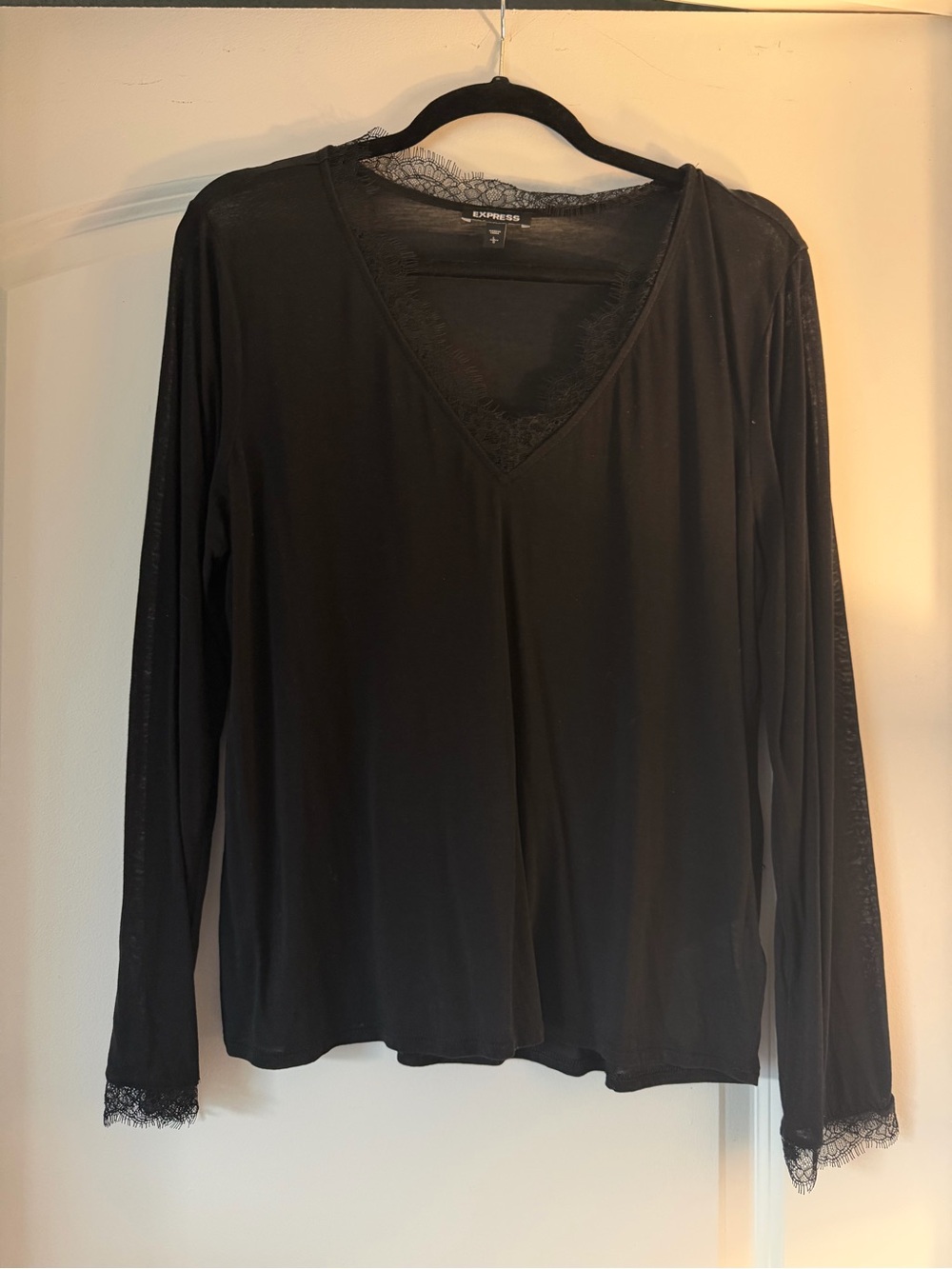 Express Black V-Neck Long Sleeve Top with Lace Trim